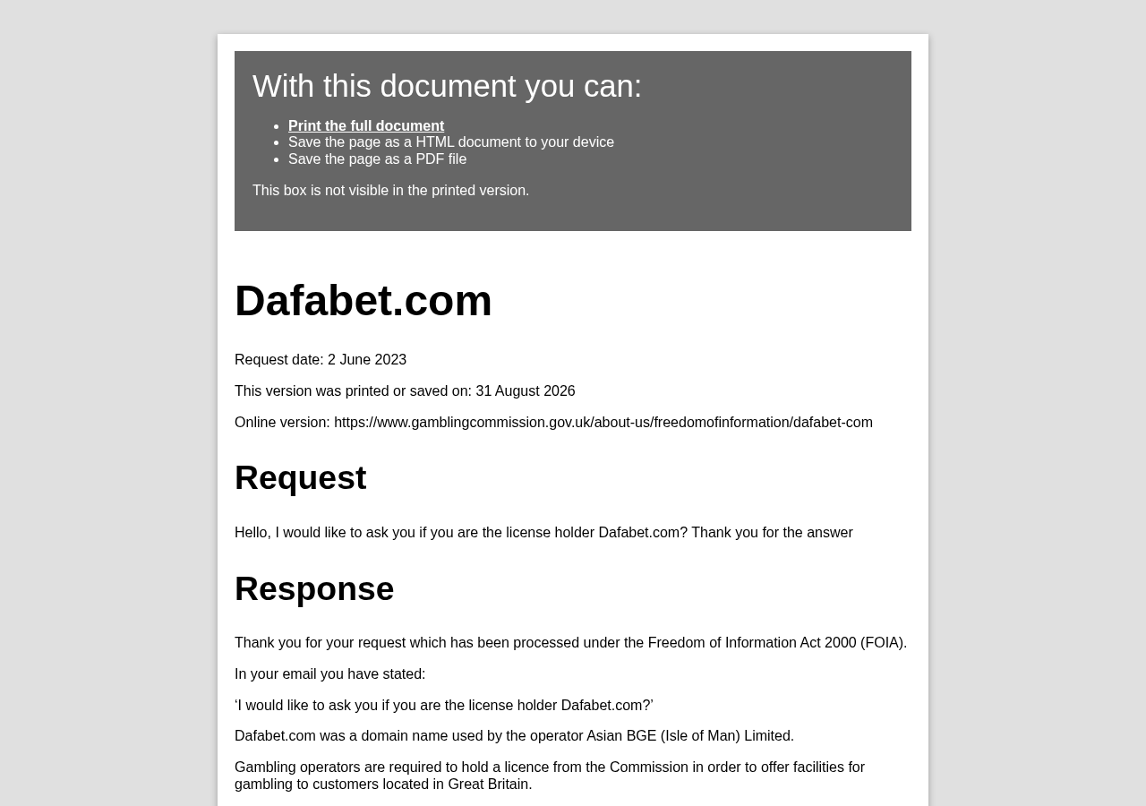 Dafabet 관련 영국 도박위원회 공식 기록 캡처